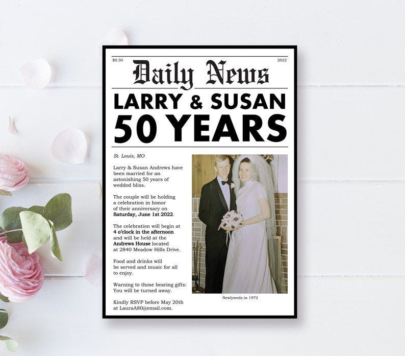 Newspaper Style 50th Anniversary Party Invitation