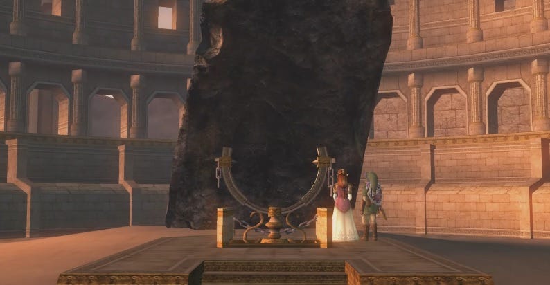 Zelda and Link in the Mirror Chamber in Arbiter’s Grounds, standing in front of a slab of black stone.
