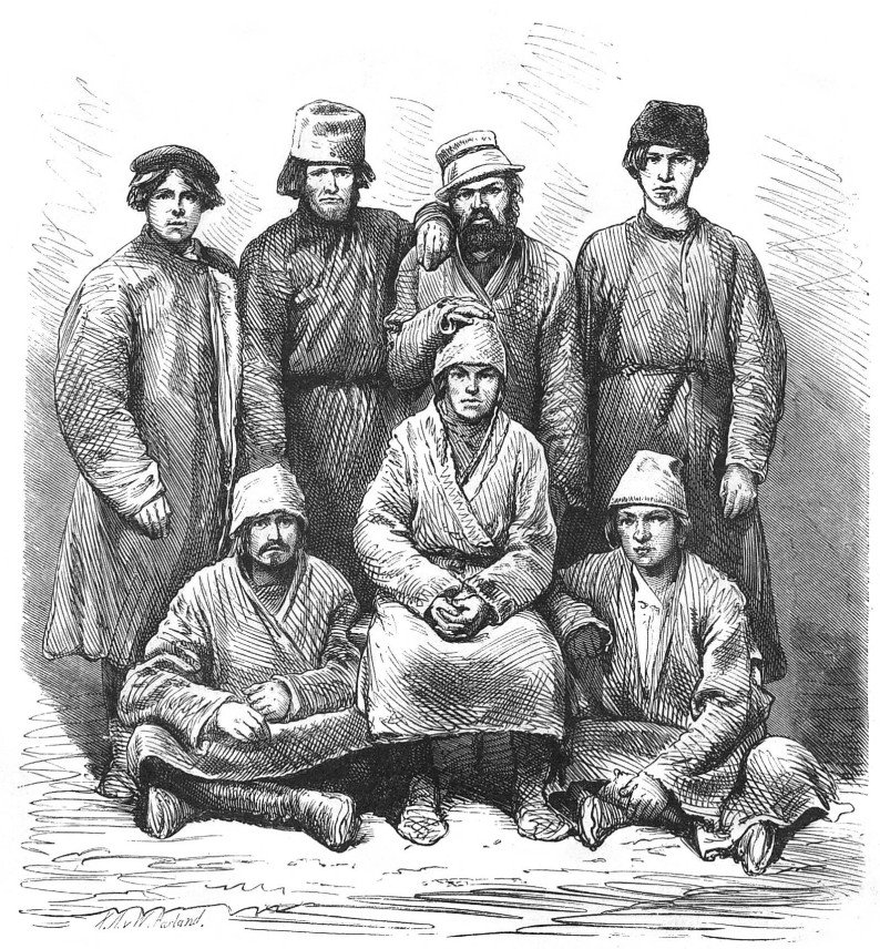 Monochromatic drawing, showing seven men in traditional peasant clothing: long coats with belts and bucket-shaped headgear. Three in front: central one sitting on some stool, two wingmates on the floor, with crossed legs. Behind, four others in a row.