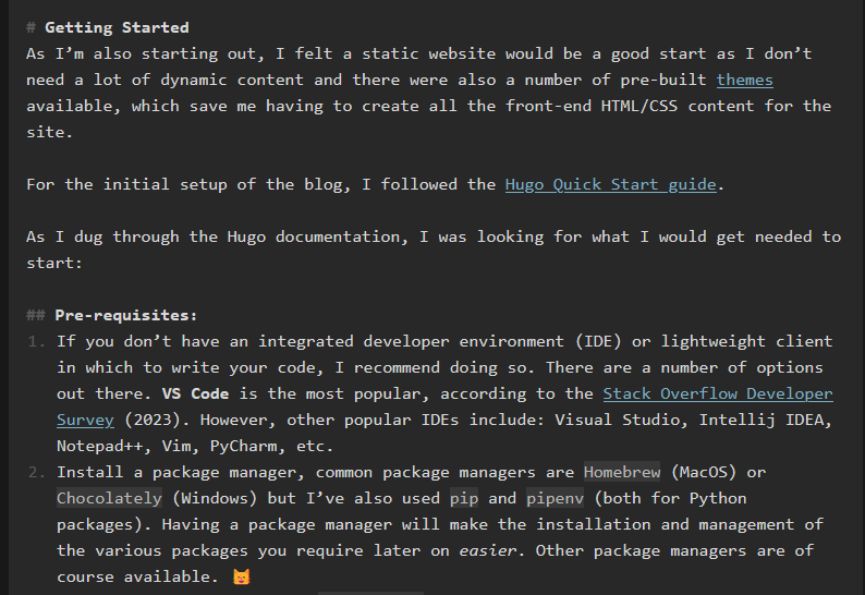 Preview of my first blog entry, Getting Started. Instead of properly formatted markdown headings, it shows # and ## marks where the headings and sub-headings should be correctly formatted.