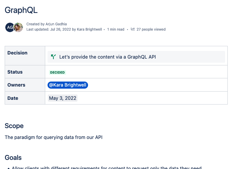 a truncated screenshot of a technical decision document for the decision to use GraphQL