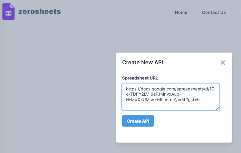 Paste your Google Spreadsheet URL and click Create API