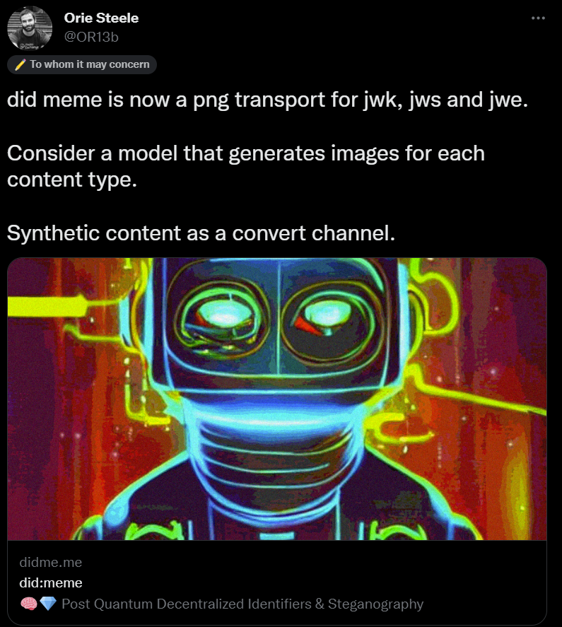 This is a tweet from Orie Steel about DID Meme including a screenshot of the DID meme landing page which contains an AI image of a robot— “Consider a model that generates images for each content type. Synthetic content as a convert channel.”