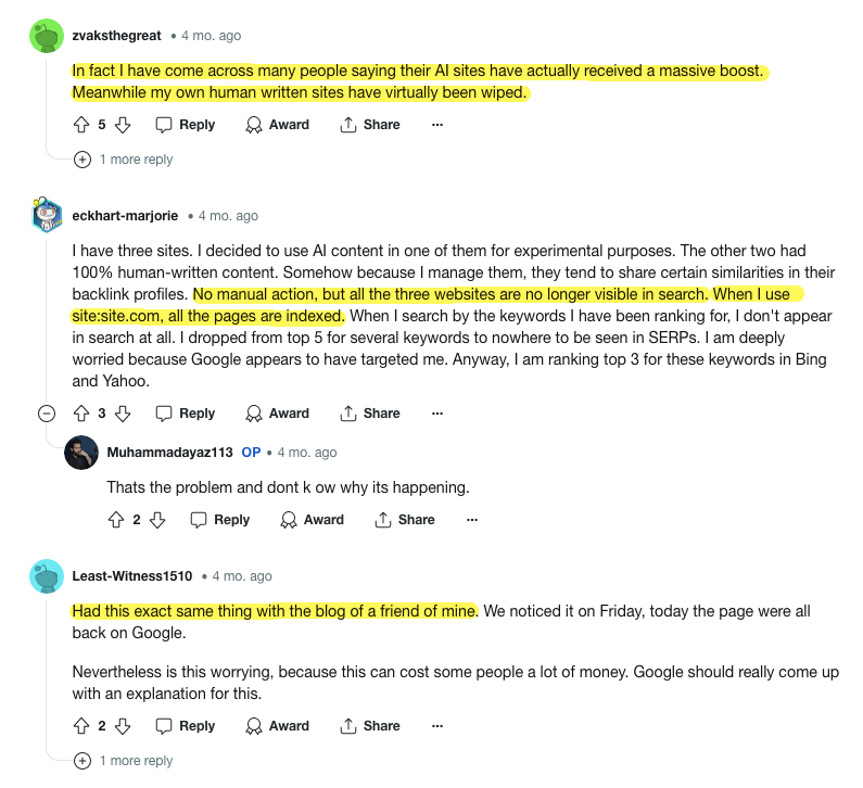 Even if no manual action has taken place, so many bloggers find that their websites have simply disappeared from the search — even though they don’t contain any mass-produced, AI-generated content. The screenshot shows a thread from Reddit at https://www.reddit.com/r/SEO/comments/1bak7g1/no_manual_action_but_webpages_hide_from_google/.