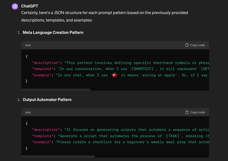 ChatGPT exposing each one of the patterns as a JSON structure