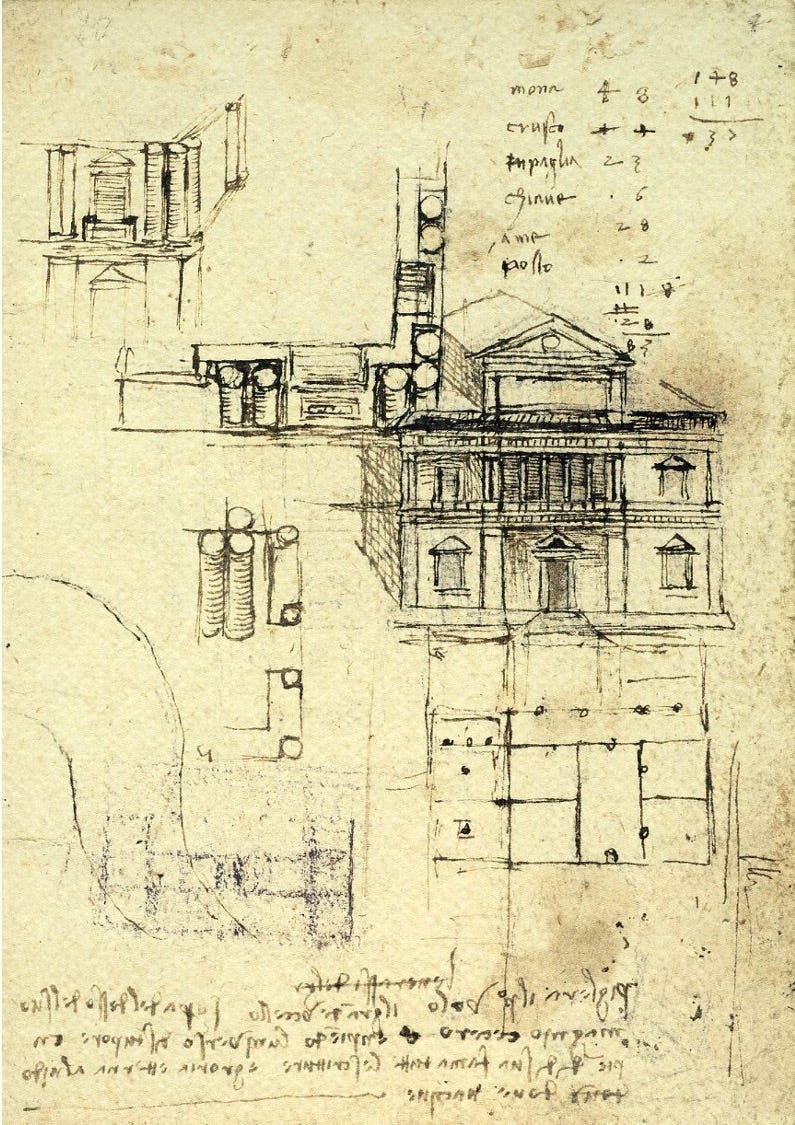 Leonardo, Elevation of a building and its planimetry, Codex on the flight of birds, front cover, Turin, Royal Library