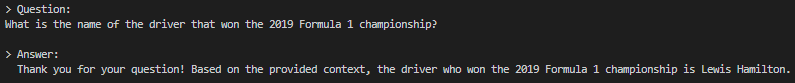 Image 6: Q&A with the chatbot asking which driver won the 2019 F1 championship