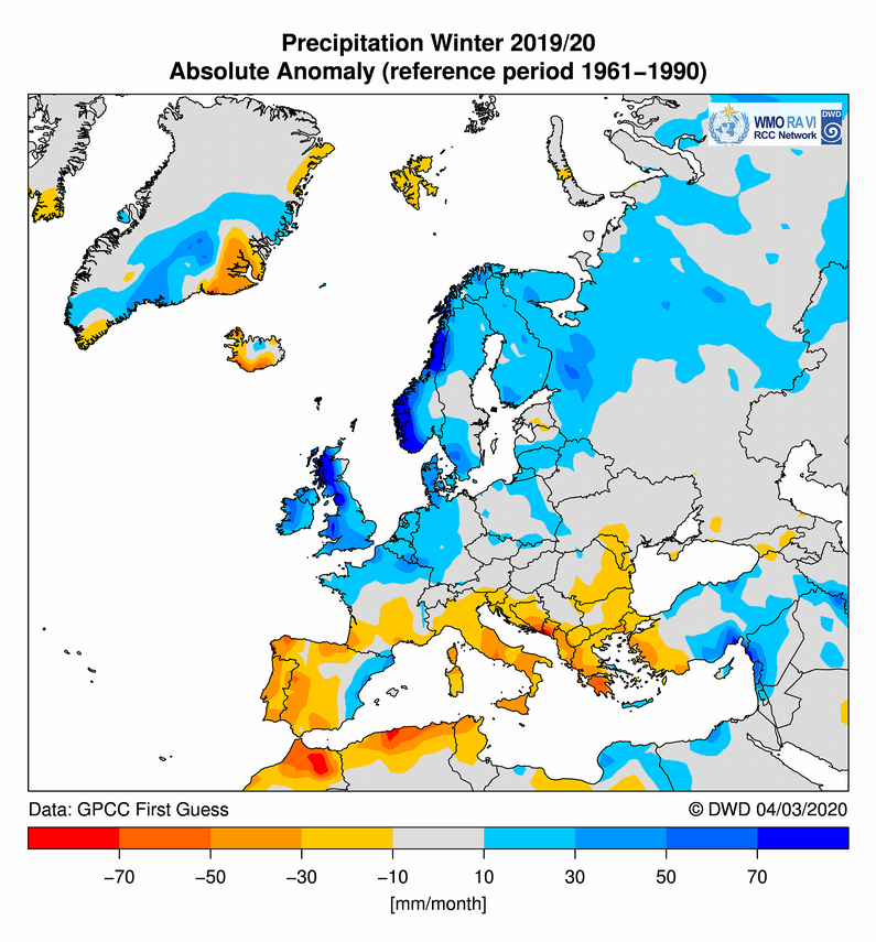 Precipitation anomaly for Europe in winter 2019/2020.