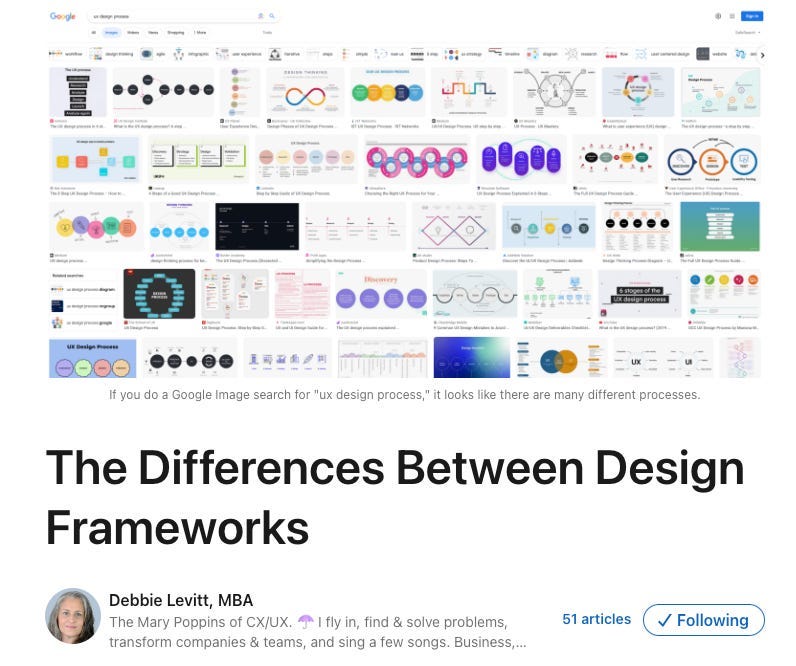 Screenshot of Debbie Levitt article explaining the difference between design frameworks