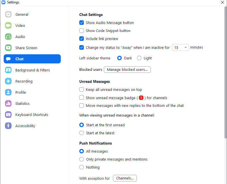 Zoom chat settings