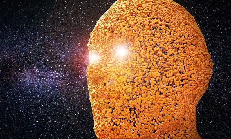 A human face made with small yellow squares in space.
