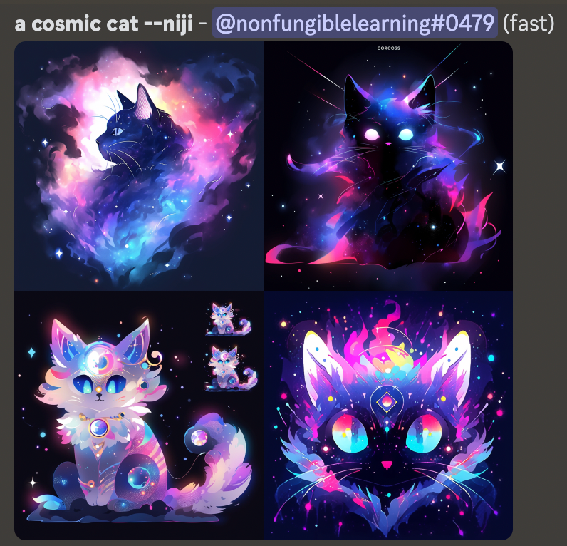 cosmic cats generated with the Midjourney NIJI model