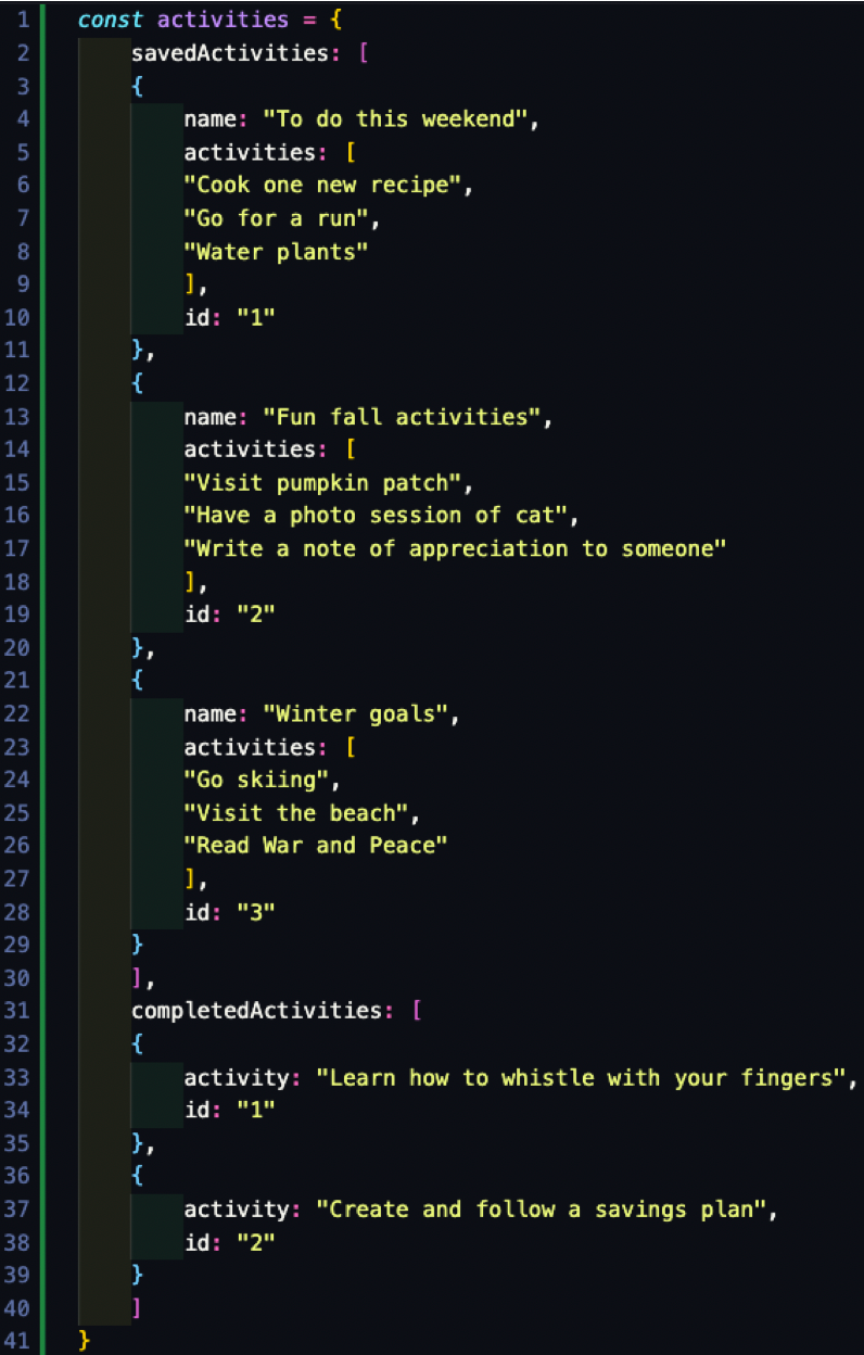 A screenshot of some example code showing a nested data structure.