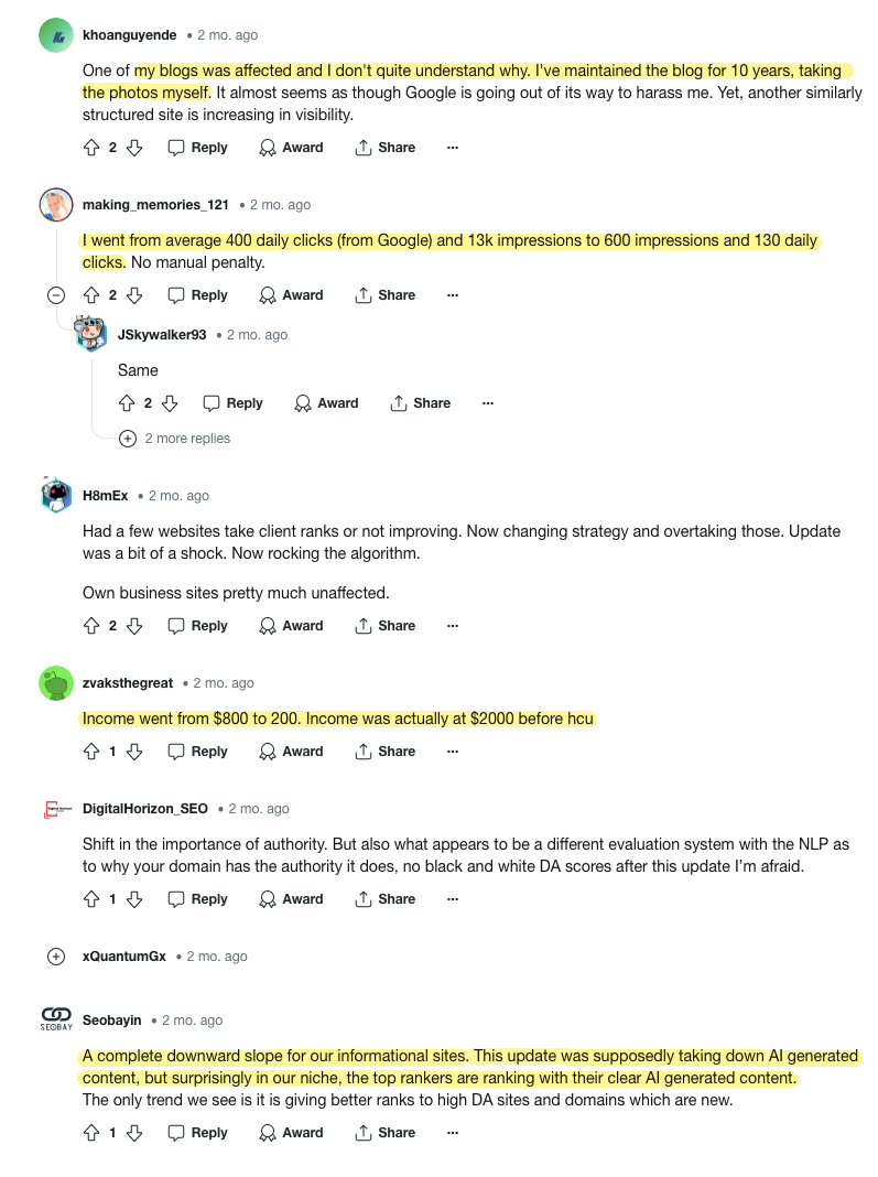 Many website owners are clueless why their sites were hit by the update and what to do about it. The screenshot shows a thread from Reddit at https://www.reddit.com/r/SEO/comments/1cof41r/did_your_website_take_a_hit_from_the_march_2024/.