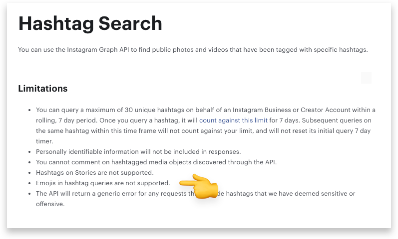 Instagram API hashtag search: Emojis in hashtag queries are not supported.