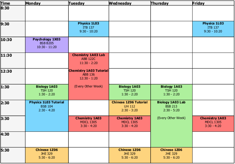 An image of Muhammed Ebrar Aydin’s first semester timetable. Muhammed Aydin. LegendofEbrar.