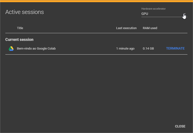 Google Colab — Sessões ativas.