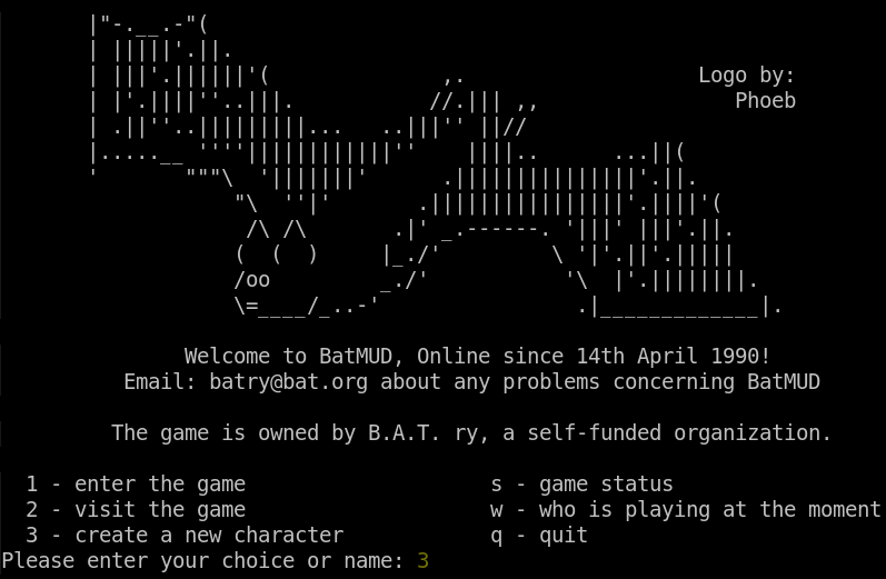 Welcome to BatMUD, online since 14th April 1990!