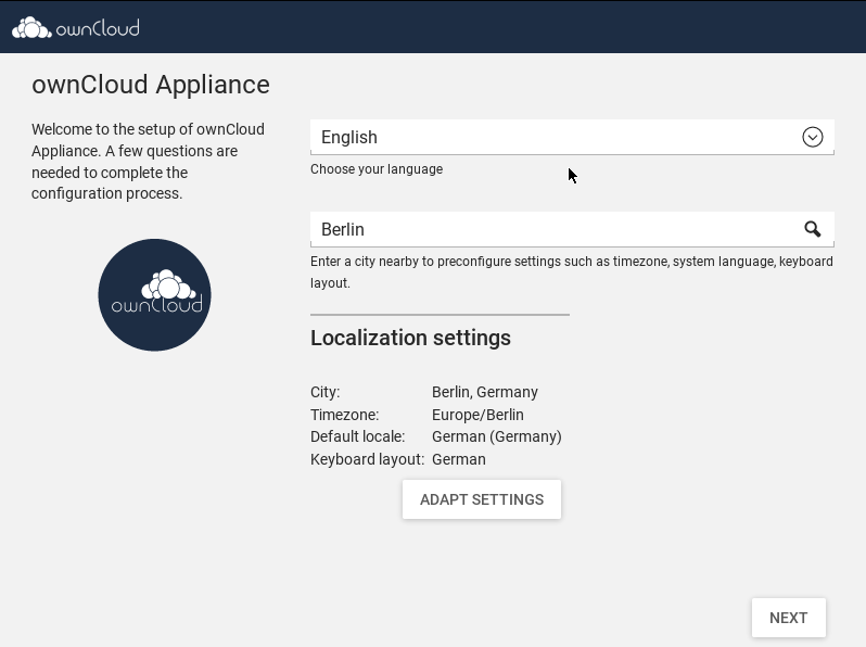 ownCloud appliance choose language