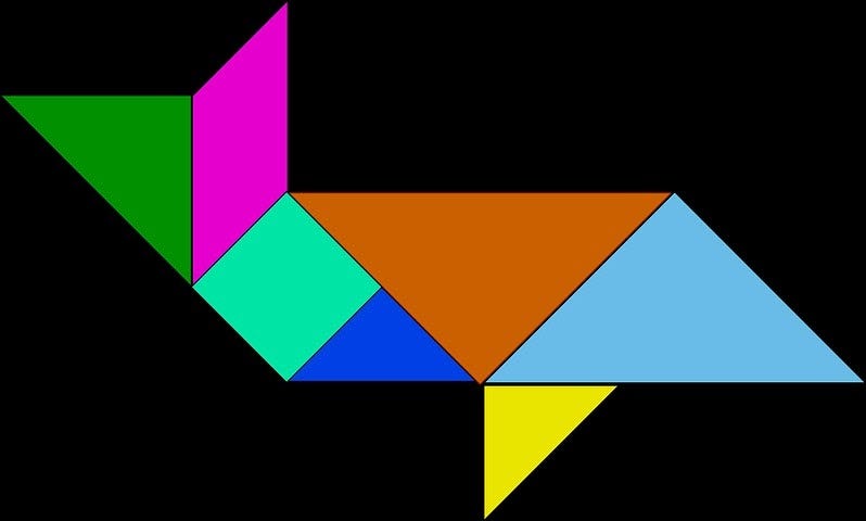 A fish Tangram made with 7 colorful shapes.