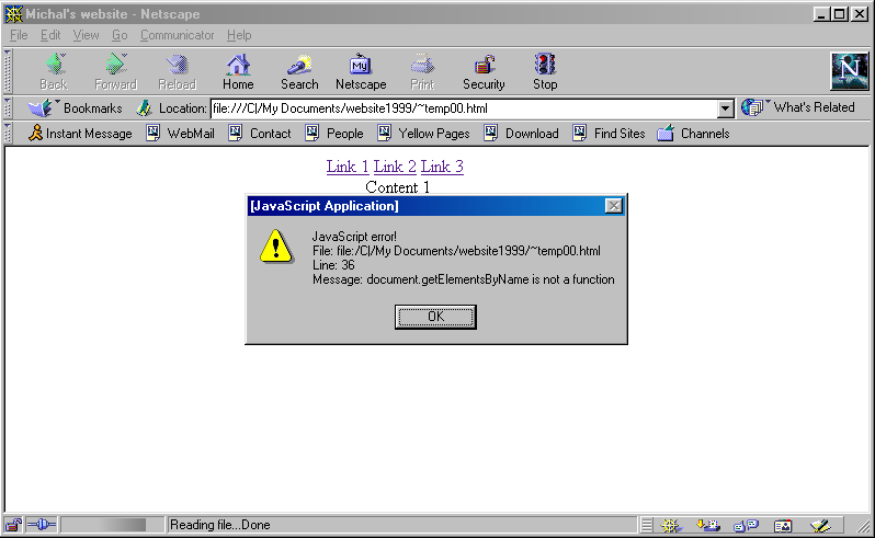 Screenshot of Netscape Navigator showing alert window with information about JavaScript error.