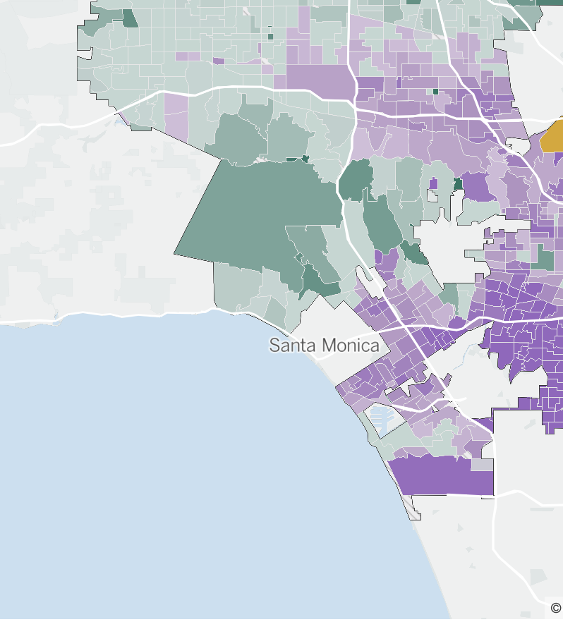 The mayoral vote by precinct, from the LA Times. Caruso is in green and Bass in in purple.