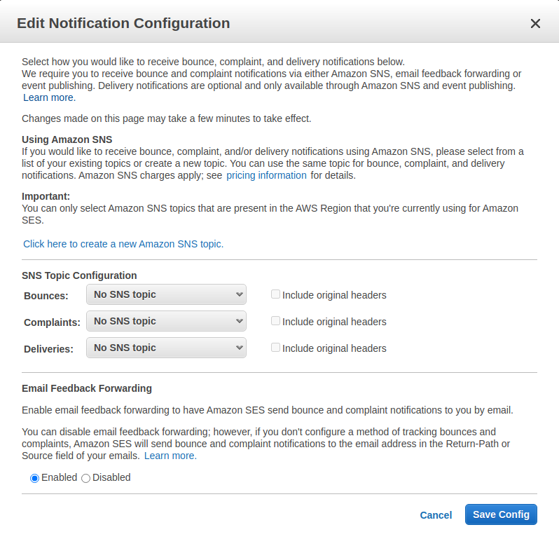 SES Edit notification configuration