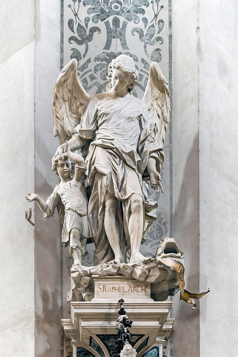Sculpture of the Archangel Raphael and a child
