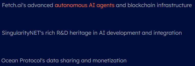 snippet from the Superintelligence Alliance announcement touting “Fetch.ai’s advanced autonomous AI agents and blockchain infrastructure, “SingularityNET’s rich R&D heritage in AI development and integration,” and “Ocean Protocol’s data sharing and monetization.”