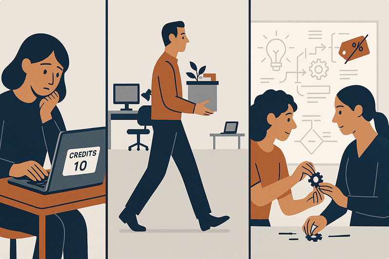 Three-panel illustration. Left panel: a woman sits at a desk looking anxiously at a laptop screen showing ‘Credits: 10’. Middle panel: a man carries a box of belongings away from a workstation, walking toward a smaller setup. Right panel: two women work together at a whiteboard covered in diagrams and a crossed-out price tag, building their own solution.