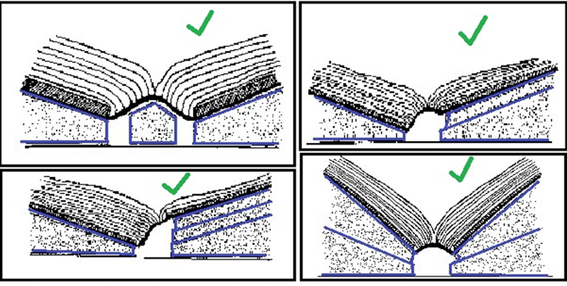 Illustrations of the proper protocol for the positioning of books, accompanied by green ticks.