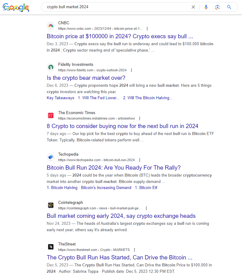 Screenshot of Google search for “crypto bull market 2024”