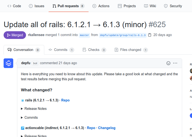 A screenshot of a pull request created by Depfu with release notes and commits of the new dependency version