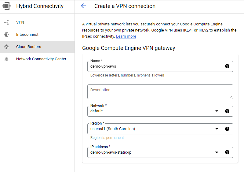 Tela de configuração de Cloud VPN no console do Google Cloud