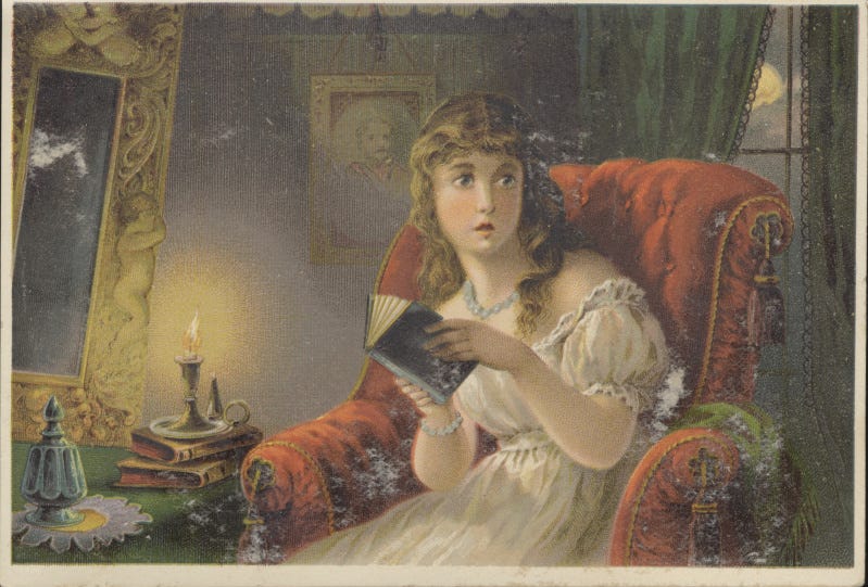 An 18th-century painting showing a startled young woman holding a book in her hands.