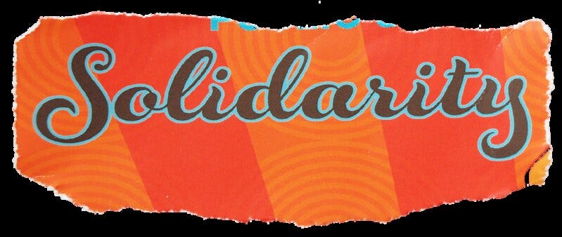 An image of the word “Solidarity” written in cursive font on an orange and red striped background.