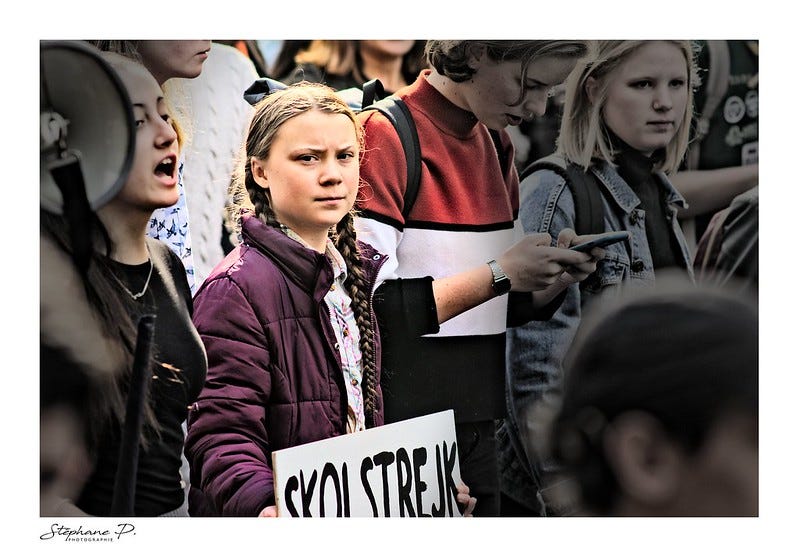 Greta Thunberg holding her sign in a crowd