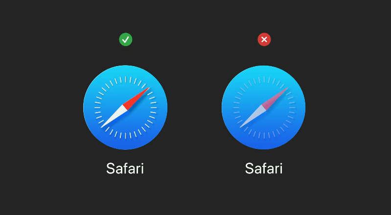 Correct and incorrect ways of representing app icons with opacity changes.