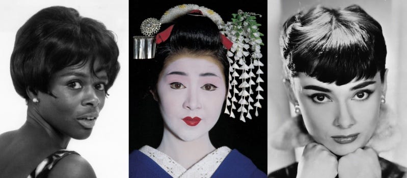 Side-by-side photos of women in makeup that creates a simplified, youthful impression: 1) Cicely Tyson, 2) a Japanese geisha, and 3) Audrey Hepburn