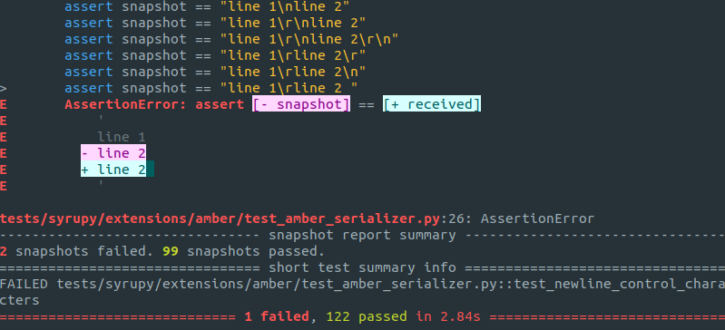 Screenshot of a failed snapshot diff, with extra whitespace highlighted.