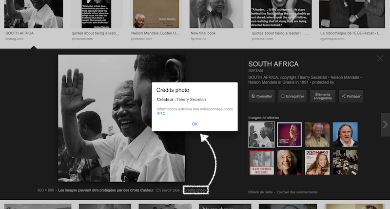 Si votre image contient une métadonnée de crédit, Google Image l'affichera au clic de l'internaute
