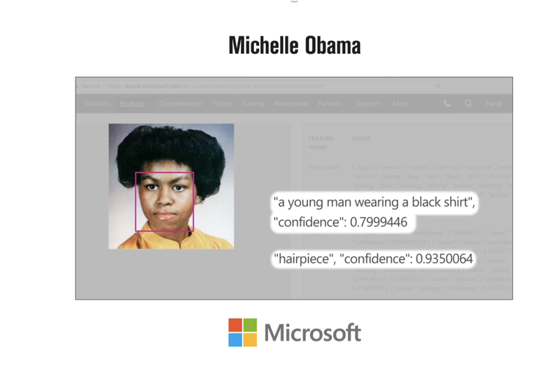 Uma imagem de Michelle Obama, uma mulher negra, em um software da Microsoft mostra como o rosto dela não foi reconhecido.