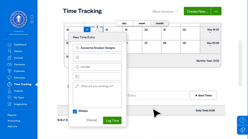 FreshBooks time tracking interface