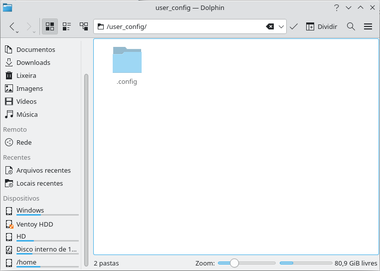 Screenshot mostrando a pasta .config dentro da user_config