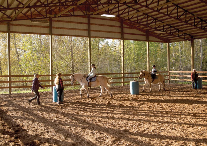 Animal therapy students riding horses in a barn