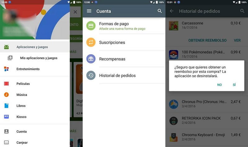 En el historial de pedidos de la Google Play podemos solicitar el reembolso del dinero de aplicaciones devueltas en las primeras 2 horas