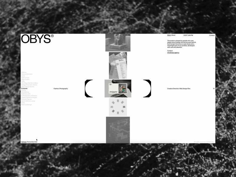 Obys website with minimal black and white interface, grid-based layout, and centered vertical gallery framed by abstract brackets