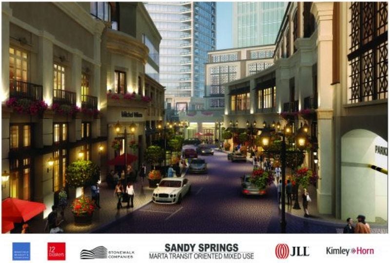 Five story retail spaces and residential units flank an interior street.