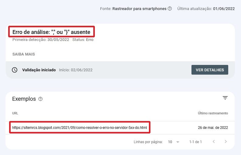 search console exibindo o erro