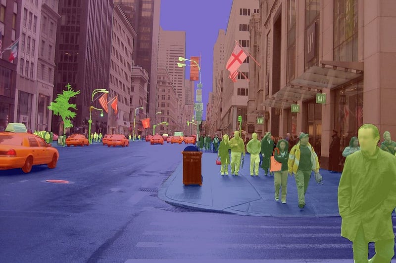 a city scene with cars highlighted in orange and people highlighted in green